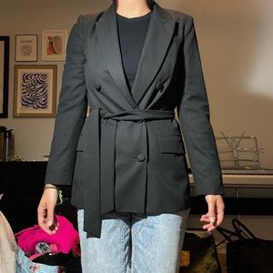 Belted black double breasted tie front blazer